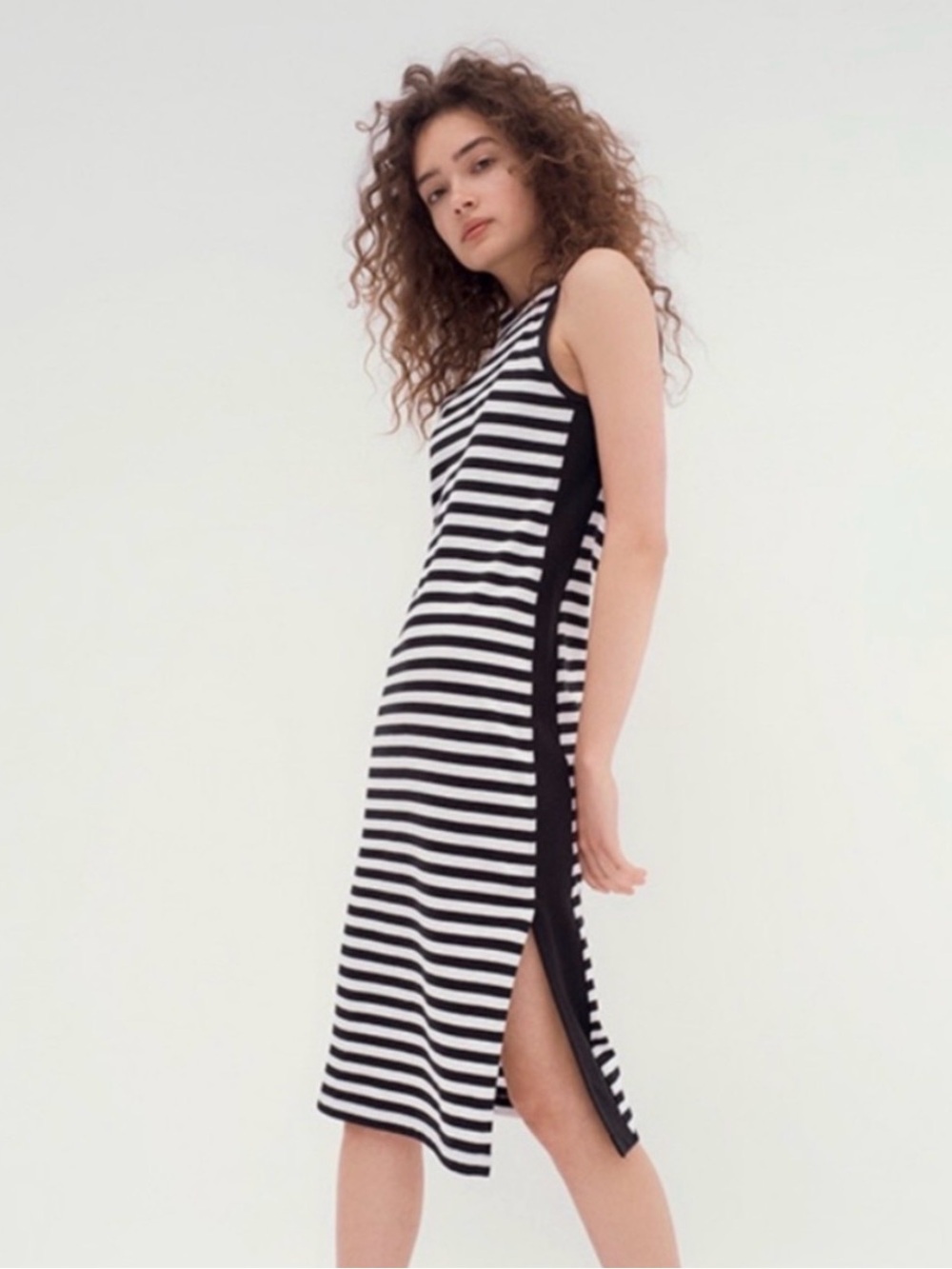 Rag & Bone Black And White Striped Midi Dress With Side Slit 100% Cotton Comfy